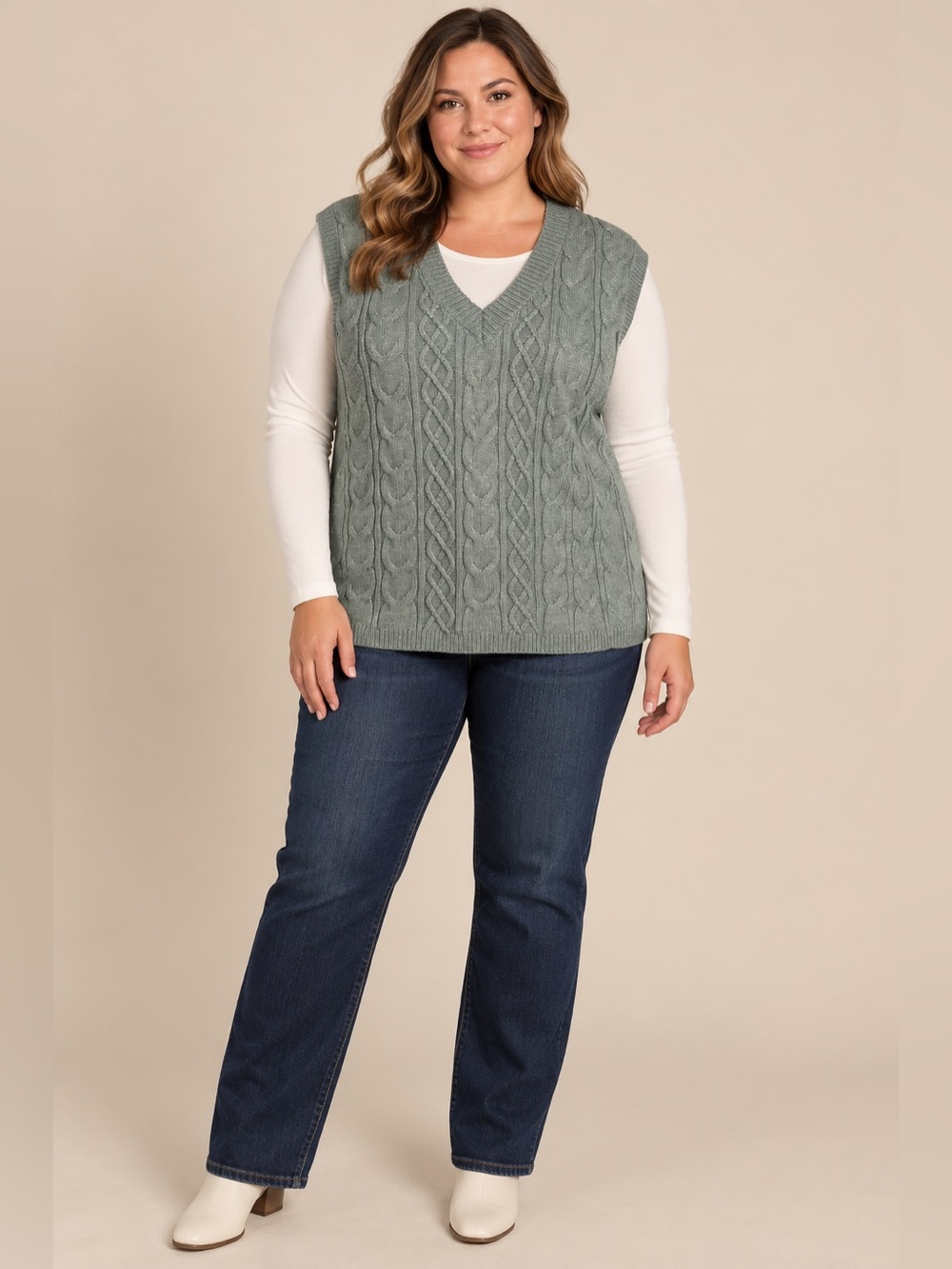 Cable Knit V-Neck Sweater Vest in Sage size XL